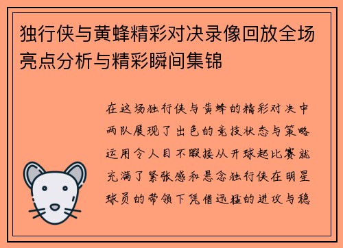 独行侠与黄蜂精彩对决录像回放全场亮点分析与精彩瞬间集锦
